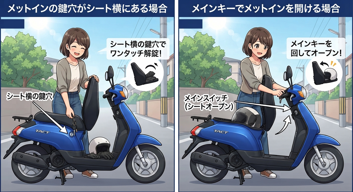 バイクの鍵あけ/鍵穴がシート横にある場合と、メインキーで開ける場合